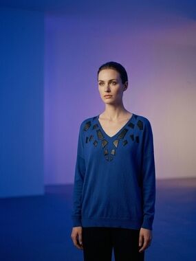 Basler Blue V-Neck Sweater with Black Accents Size 46